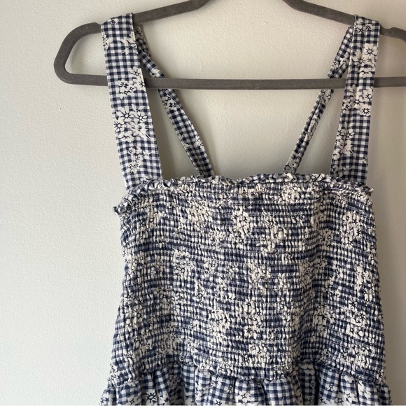 American Eagle Smocked Gingham Floral Sundress Blue White Cotton Linen Blend XL - Picture 2 of 14